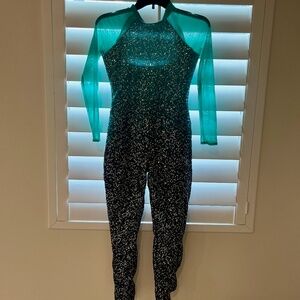 Dance Costume - CH LG - Green Sequin Leotard with Mesh -